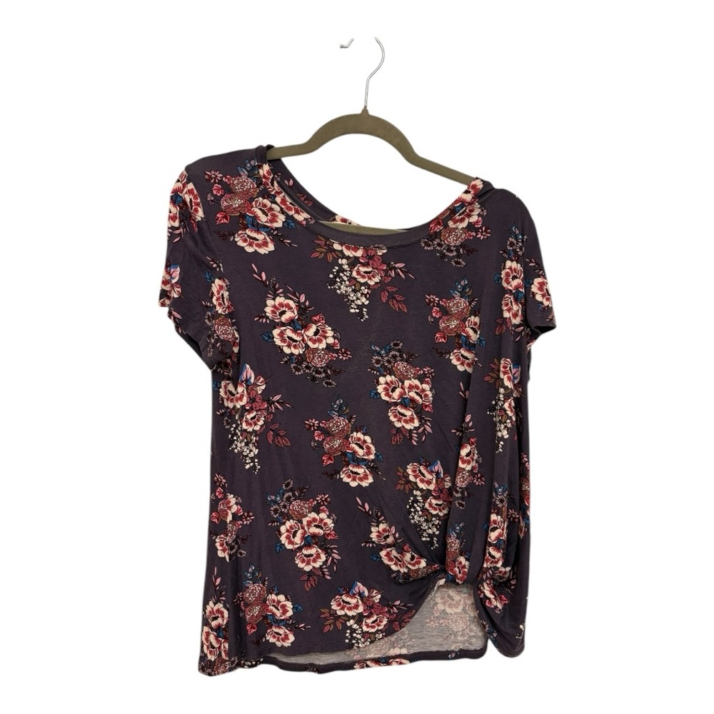 Nine Britton Purple Floral Knit Top Twist Front Hem Casual Office Chic Medium